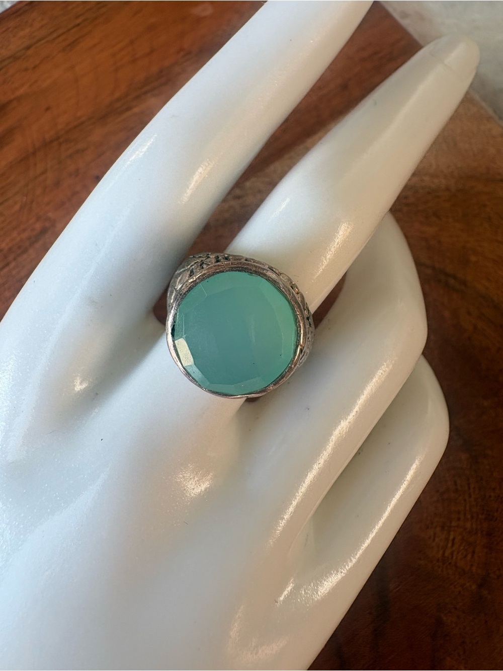 Vintage Sea Glass Blue Round Statement Ring - Size 7.5